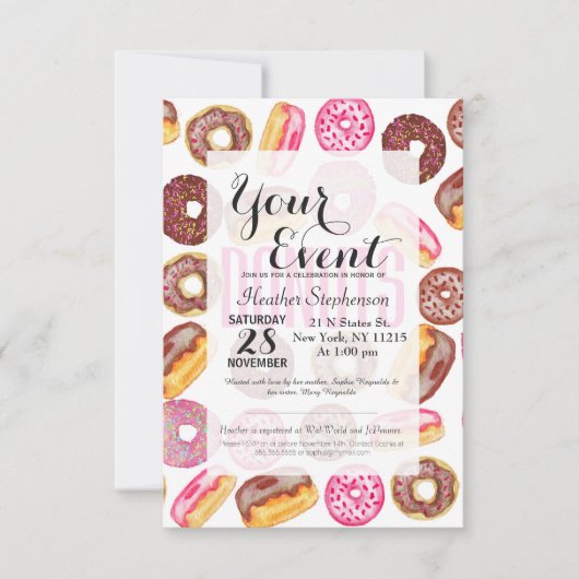 Roze Donut Typografie en Waterverf Cute Donuts Kaart (Voorkant)