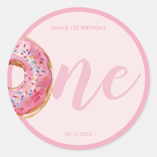 Roze Donut Verjaardag Ronde Sticker (Voorkant)