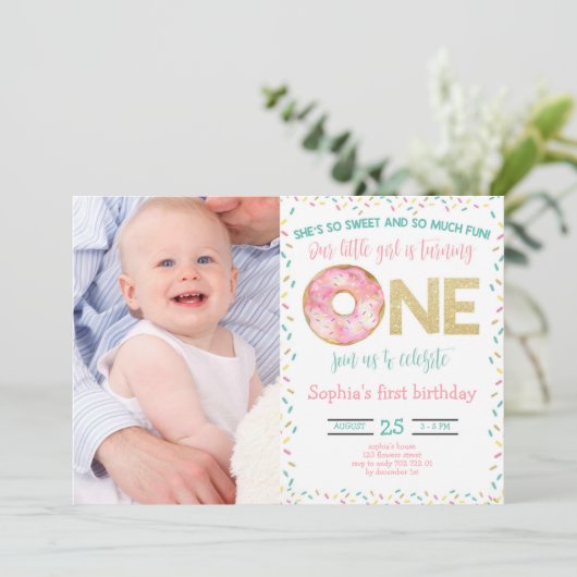 Roze Donut Waterverf Meisje van 1 oktober met foto Kaart (Staand voorkant)