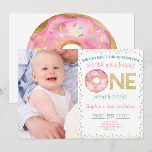 Roze Donut Waterverf Meisje van 1 oktober met foto Kaart (Voorkant / Achterkant)