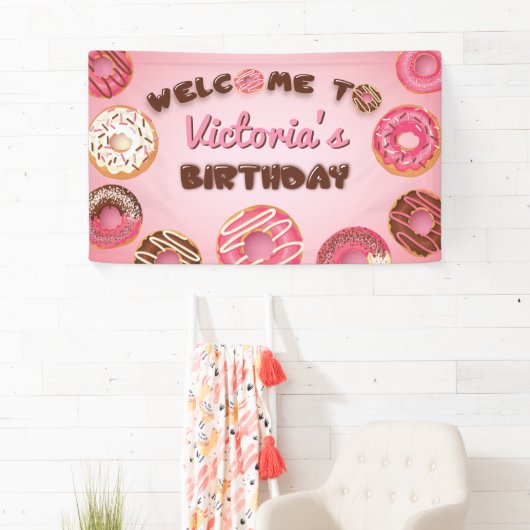 Roze Donuts Birthday Welcome Party Sign Banner (Insitu)