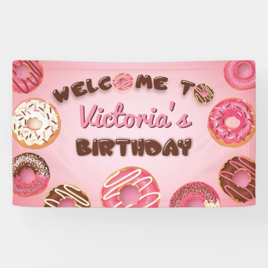 Roze Donuts Birthday Welcome Party Sign Banner (Horizontaal)