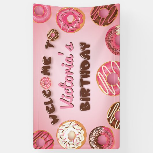 Roze Donuts Birthday Welcome Party Sign Banner (Verticaal)