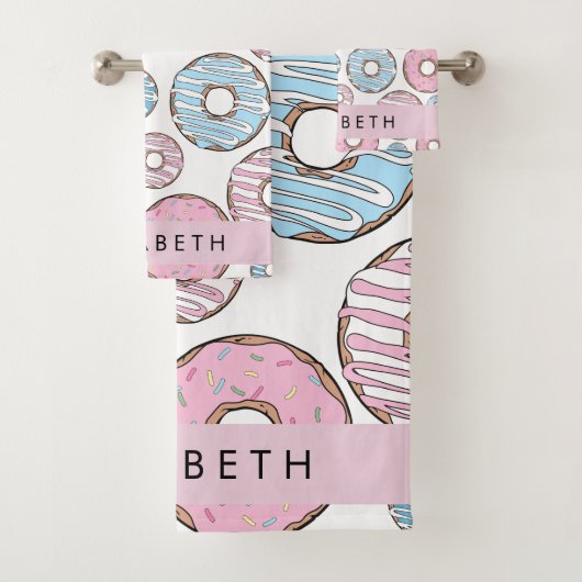 Roze Donuts, Blauwe Donuts, Sprinkles, Jouw naam Bad Handdoek (Insitu)