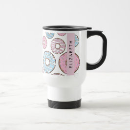 Roze Donuts, Blauwe Donuts, Sprinkles, Jouw naam Reisbeker