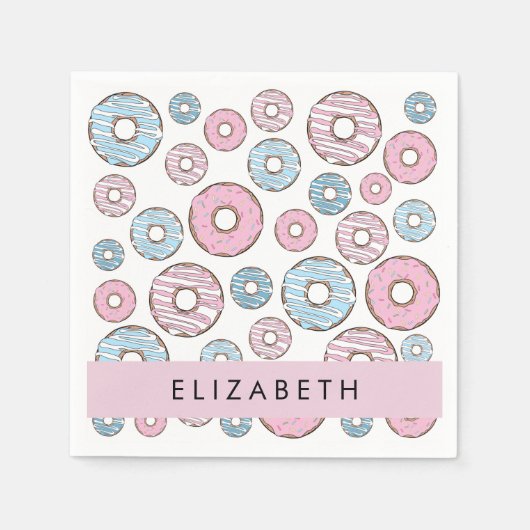 Roze Donuts, Blauwe Donuts, Sprinkles, Jouw naam Servet (Voorkant)