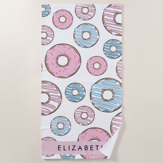 Roze Donuts, Blauwe Donuts, Sprinkles, Jouw naam Strandlaken (Voorkant)