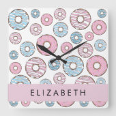 Roze Donuts, Blauwe Donuts, Sprinkles, Jouw naam Vierkante Klok (Voorkant)