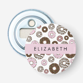 Roze Donuts, Bruine Donuts, Sprinkles, Jouw naam Button Flesopener