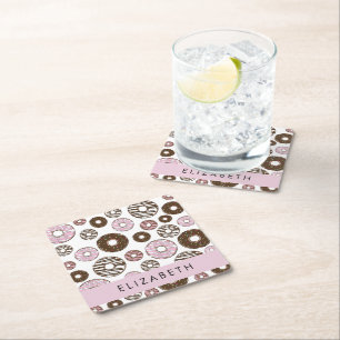 Roze Donuts, Bruine Donuts, Sprinkles, Jouw naam Kartonnen Onderzetters