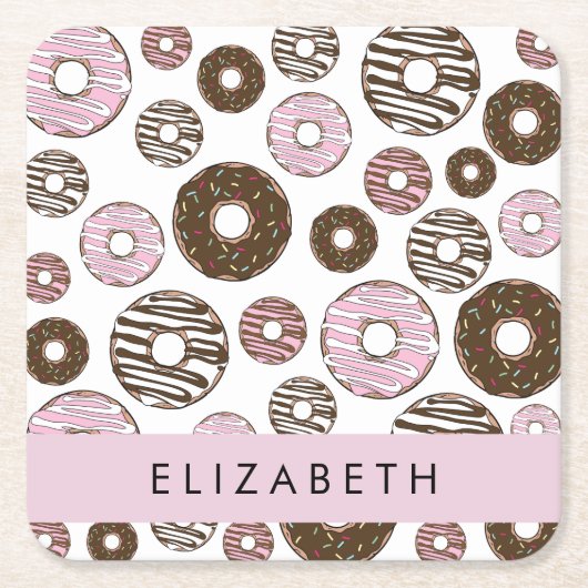 Roze Donuts, Bruine Donuts, Sprinkles, Jouw naam Kartonnen Onderzetters (Voorkant)