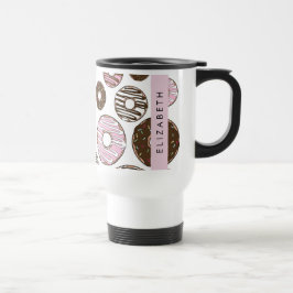 Roze Donuts, Bruine Donuts, Sprinkles, Jouw naam Reisbeker