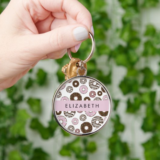 Roze Donuts, Bruine Donuts, Sprinkles, Jouw naam Sleutelhanger (Hand)