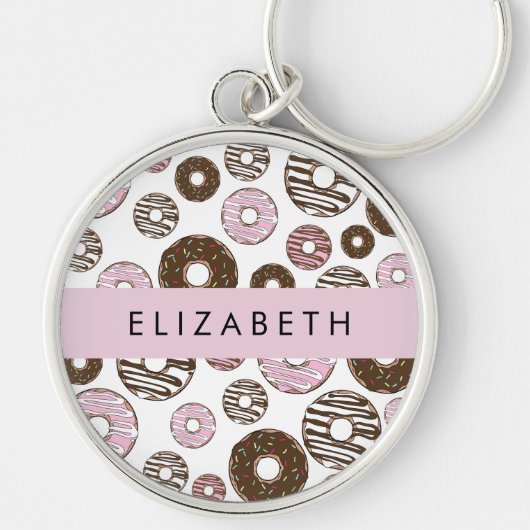 Roze Donuts, Bruine Donuts, Sprinkles, Jouw naam Sleutelhanger (Voorkant)