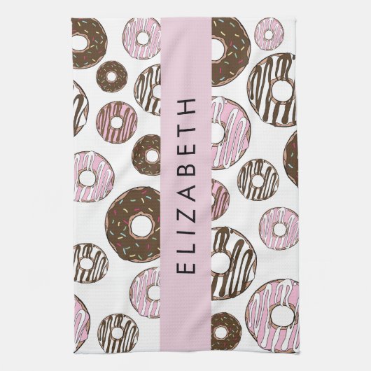 Roze Donuts, Bruine Donuts, Sprinkles, Jouw naam Theedoek (Verticaal)