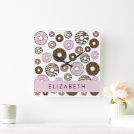 Roze Donuts, Bruine Donuts, Sprinkles, Jouw naam Vierkante Klok