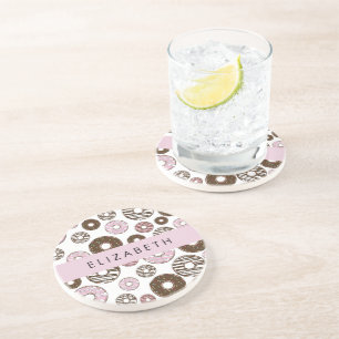 Roze Donuts, Bruine Donuts, Sprinkles, Jouw naam Zandsteen Onderzetter