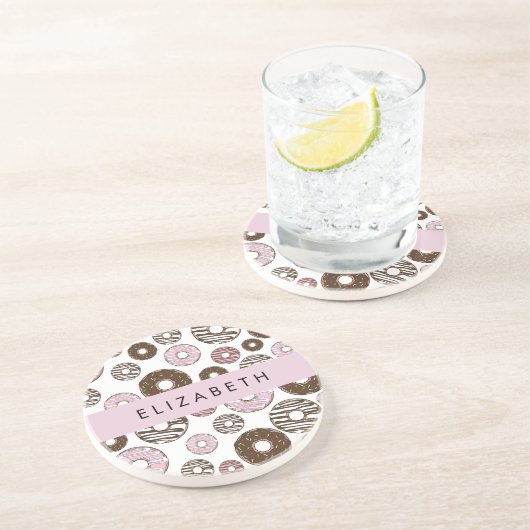 Roze Donuts, Bruine Donuts, Sprinkles, Jouw naam Zandsteen Onderzetter (Zijkant)