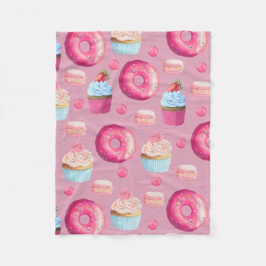 Roze Donuts, Cupcakes en Snoepjes Fleece Deken (Voorkant)
