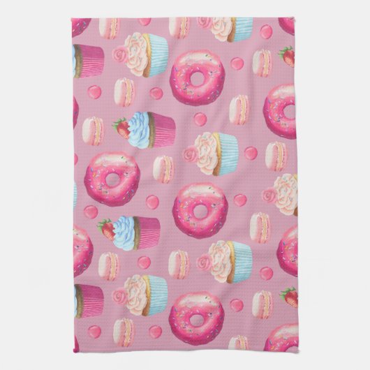 Roze Donuts, Cupcakes en Snoepjes Theedoek (Verticaal)