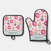 Roze Donuts Cupcakes Macarons gepersonaliseerd Ovenwant & Pannenlap Set (Voorkant)