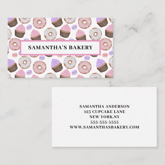 Roze Donuts Cupcakes Waterverf Bakery Visitekaartje (Voorkant / Achterkant)