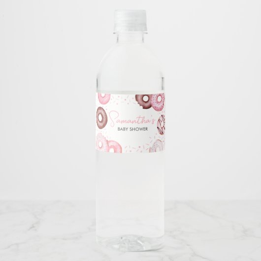 Roze Donuts en Luiers Baby shower Waterfles Etiket (Voorkant)