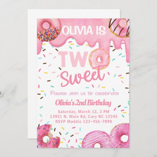 Roze donuts lief twee meisje 2e verjaardag uitnodi kaart (Voorkant / Achterkant)