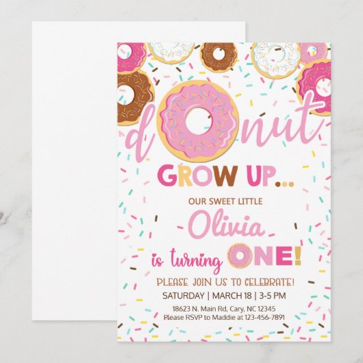 Roze donuts meisjesverjaardagsuitnodiging, uitnodi kaart (Voorkant / Achterkant)