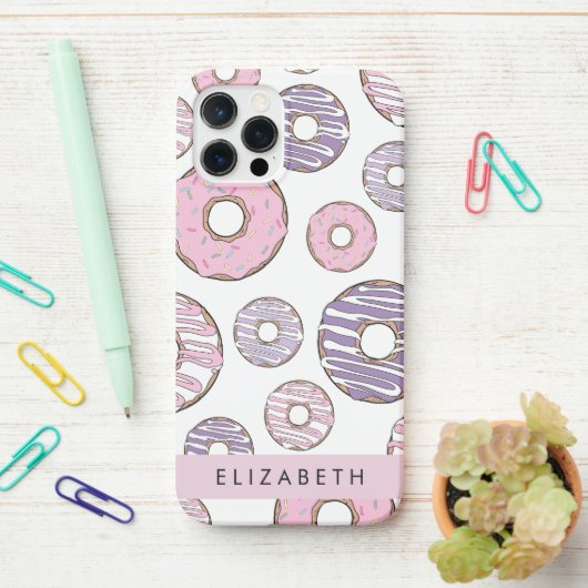 Roze Donuts, Paarse Donuts, Sprinkles, Jouw naam iPhone Hoesje (Op bureau)
