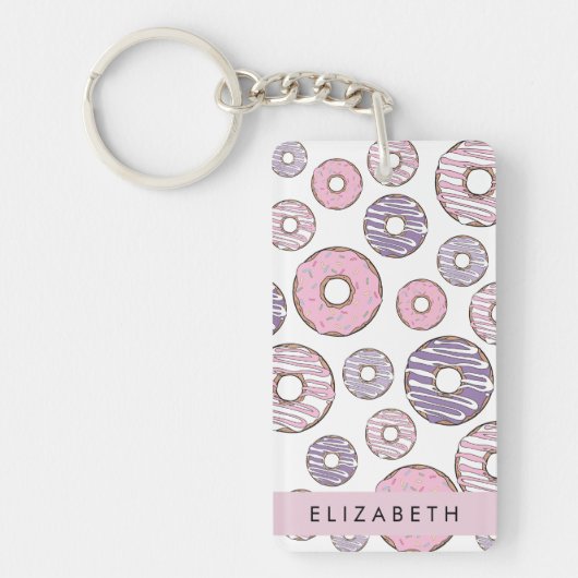Roze Donuts, Paarse Donuts, Sprinkles, Jouw naam Sleutelhanger (Voorkant)