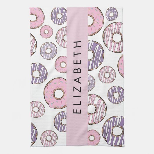 Roze Donuts, Paarse Donuts, Sprinkles, Jouw naam Theedoek (Verticaal)