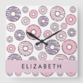 Roze Donuts, Paarse Donuts, Sprinkles, Jouw naam Vierkante Klok (Voorkant)