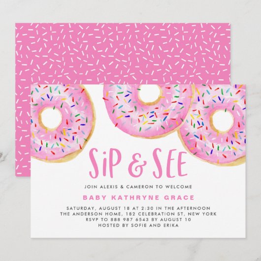 Roze Donuts Sprinkles Baby shower Sip and See Kaart (Voorkant / Achterkant)