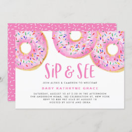 Roze Donuts Sprinkles Baby shower Sip and See Kaart