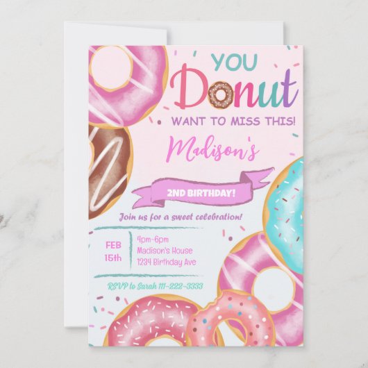 Roze Donuts Verjaardag Uitnodiging (Voorkant)