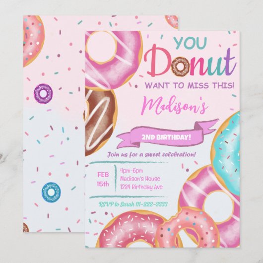 Roze Donuts Verjaardag Uitnodiging (Voorkant / Achterkant)