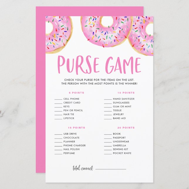 Roze Donuts wat er in je paarse Baby shower game z (Voorkant / Achterkant)