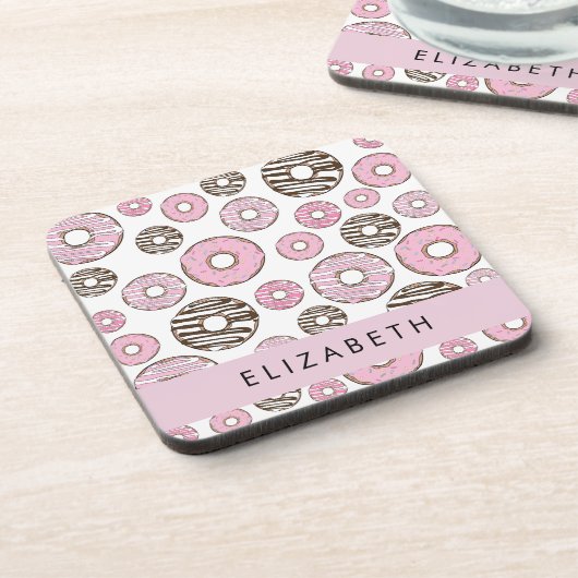 Roze Donuts, Witte Donuts, Sprinkles, Jouw naam Bier Onderzetter (Linkerzijde)