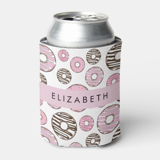 Roze Donuts, Witte Donuts, Sprinkles, Jouw naam Blikjeskoeler (Blikje Voorkant)