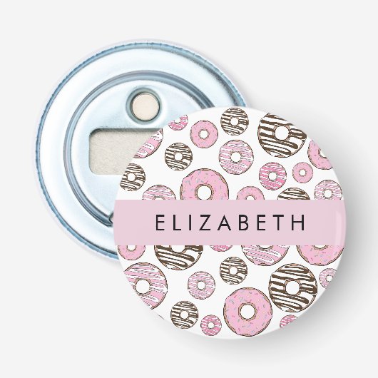 Roze Donuts, Witte Donuts, Sprinkles, Jouw naam Button Flesopener (Voorkant)
