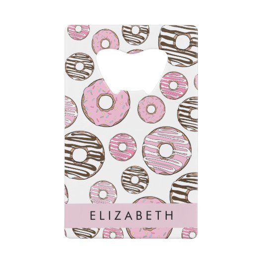Roze Donuts, Witte Donuts, Sprinkles, Jouw naam Creditkaart Flessenopener (Voorkant)