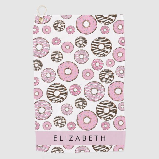 Roze Donuts, Witte Donuts, Sprinkles, Jouw naam Golfhanddoek (Voorkant)