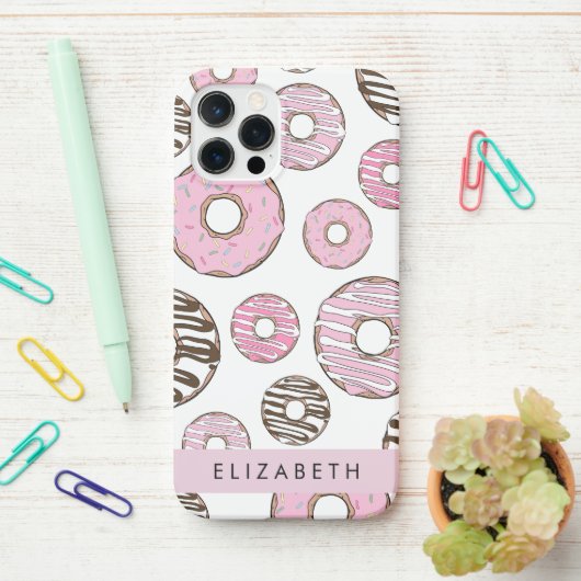Roze Donuts, Witte Donuts, Sprinkles, Jouw naam iPhone Hoesje (Op bureau)