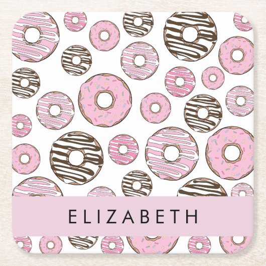 Roze Donuts, Witte Donuts, Sprinkles, Jouw naam Kartonnen Onderzetters (Voorkant)