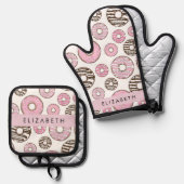 Roze Donuts, Witte Donuts, Sprinkles, Jouw naam Ovenwant & Pannenlap Set (Voorkant / Achterkant)