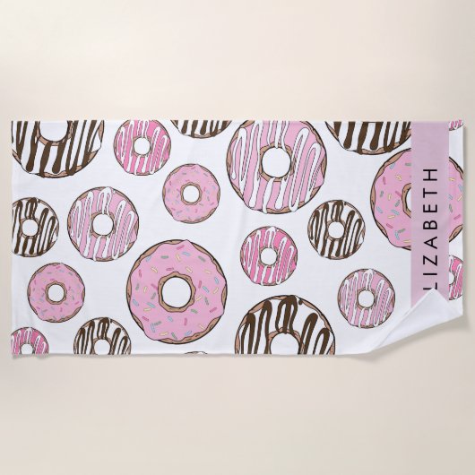 Roze Donuts, Witte Donuts, Sprinkles, Jouw naam Strandlaken (Voorkant)