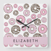Roze Donuts, Witte Donuts, Sprinkles, Jouw naam Vierkante Klok (Voorkant)