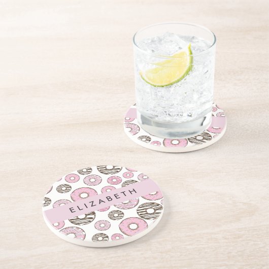 Roze Donuts, Witte Donuts, Sprinkles, Jouw naam Zandsteen Onderzetter (Zijkant)