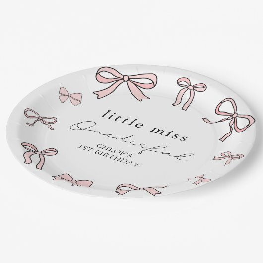 Roze Doodle Bow Baby Meisje 1e Verjaardag Papieren Bordje (Gekanteld)